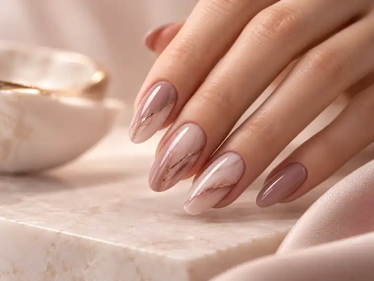 Mauve marble manicure with gold detail