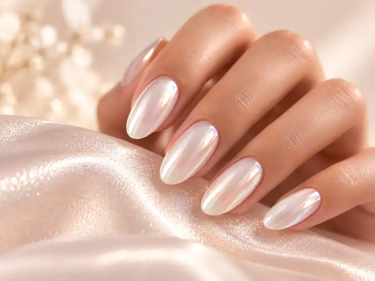 Pearlescent white almond manicure